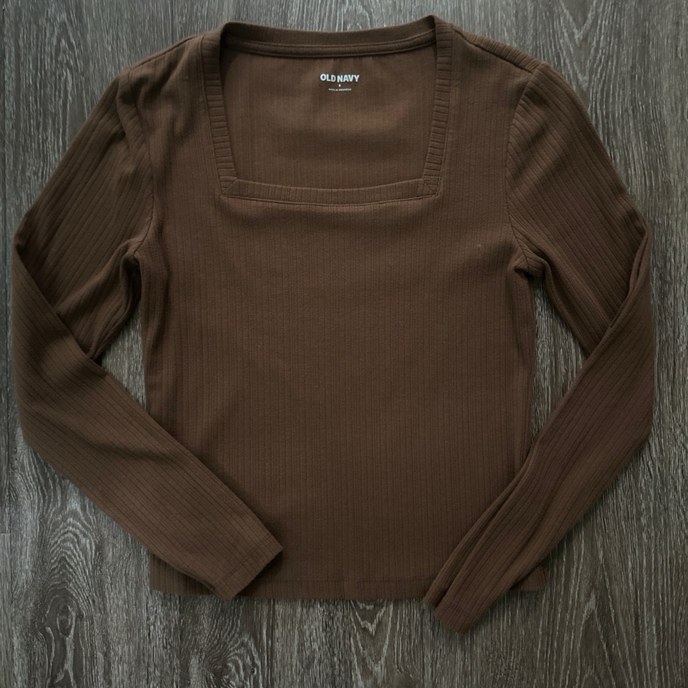 Old Navy Women's Dark Brown Ribbed Square Neck Long Sleeve Top